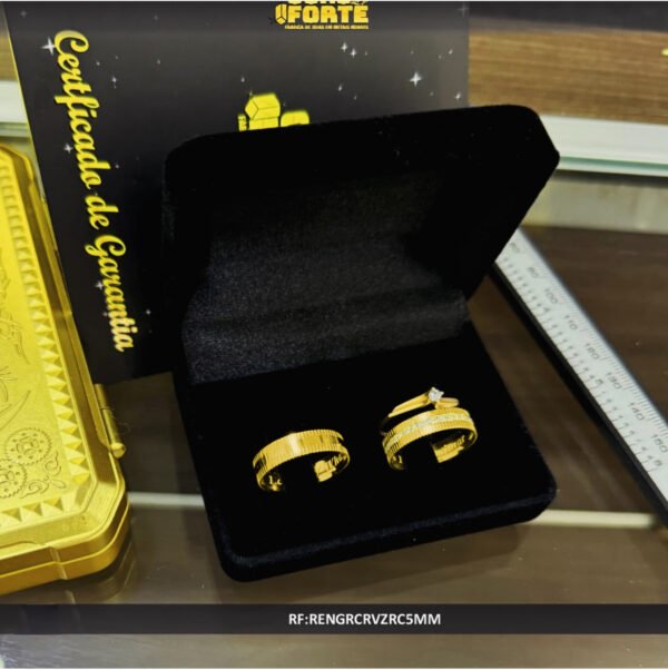 Par de alianças 5MM Modelo Reta c/ bordas Engrenagens segunda aliança cravejada meia aliança Ouro 18K
